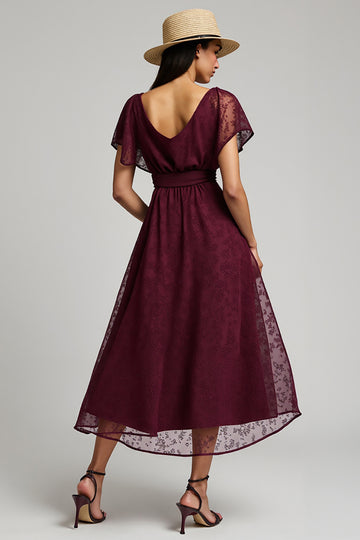 Illusion Neck Burgundy Tulle A Line Wedding Guest Dress
